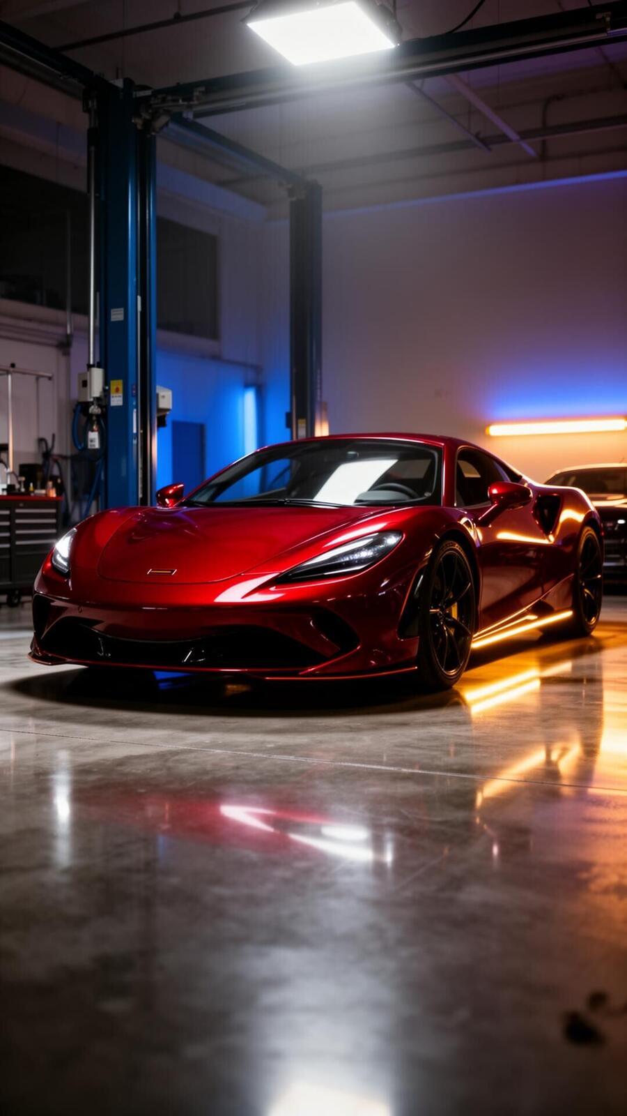 Glossy red sports car in a premium auto body shop